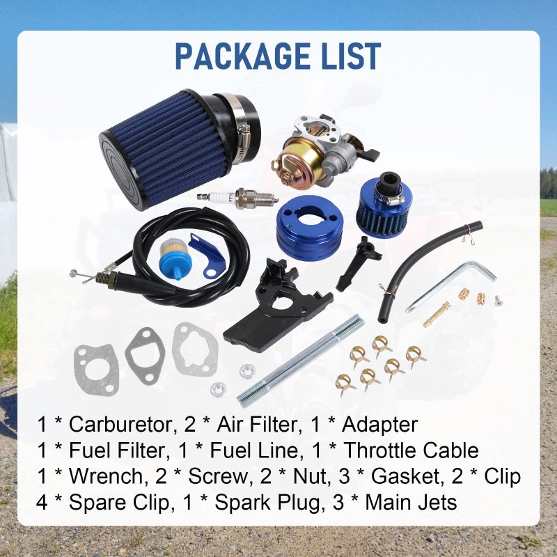 CARMOCAR High Performance Upgraded Carburetor Carb Air Filter Adapter Cable Main Jet Kit replacement for Coleman CT200U CT200U-EX BT200X GX160 Predator 212cc 196cc 6.5hp Engine Mini Bike Go Kart Racing Blue - Image 4